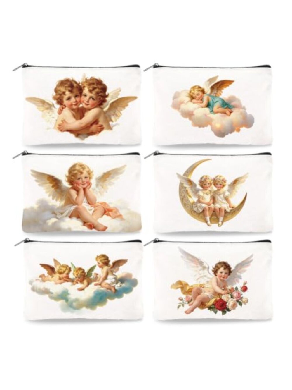 Vintage Cherub Angel Canvas Makeup Bag Set 6Pc Zipper Toiletry Organizer